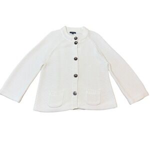 Lands' End Women's Cardigan XL Button Front Knit Pockets Ivory Cream Cotton